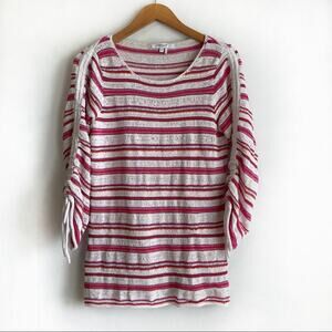 Foxcroft stripes cinch/ruched sleeve lightweight sweater white w/ pink stripes M